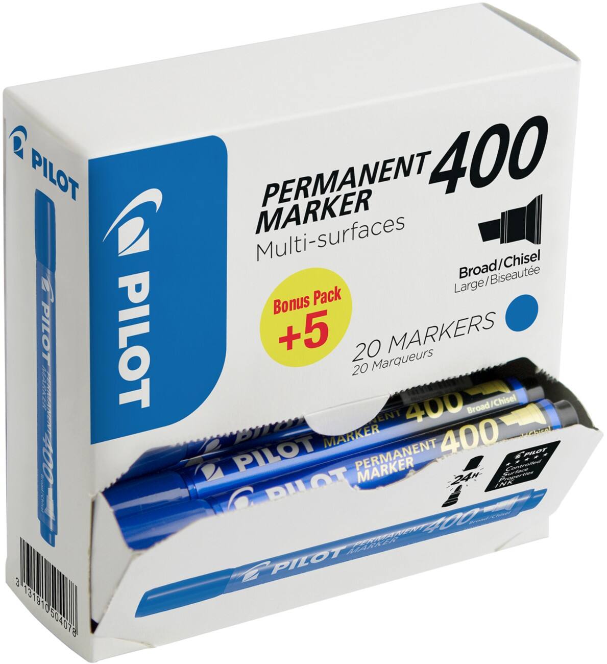 Marqueur permanent Pilot 400 Large Pointe Biseautée Bleu 20 Unités
