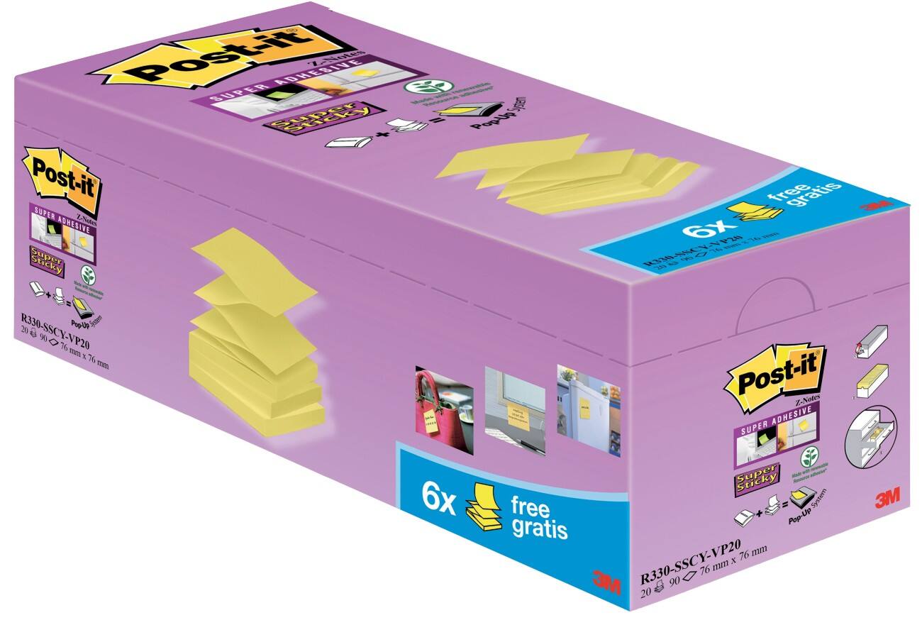 Z-Notes Post-it Super Sticky 76 x 76 mm Jaune canari 90 Feuilles Pack avantage 16 + 4 GRATUITS