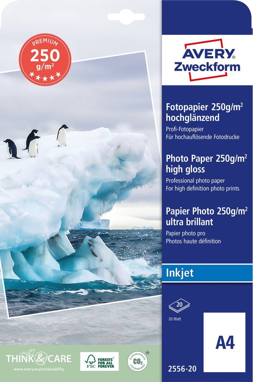 Papier photo AVERY Zweckform Jet d'encre Brillant A4 250 g/m² Blanc 20 feuilles