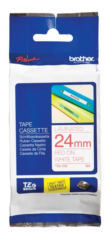 Rouleau d’étiquettes Brother TZe-252 d’origine en continu Autocollantes Rouge sur blanc 24 mm x 8 m