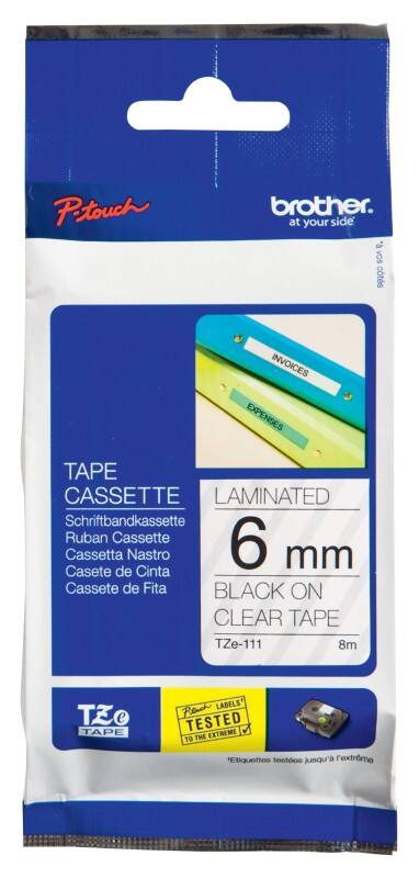 Ruban d’étiquettes Brother TZe-111 d’origine en continu Autocollantes Noir sur transparent 6 mm x 8 m