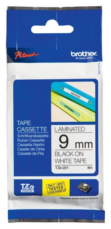 Ruban d'étiquettes Brother P-touch Authentique TZe-221 TZe-221 Autocollantes Noir sur Blanc 9 mm x 8 m