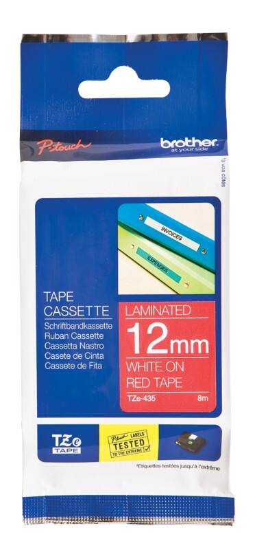 Rouleau d’étiquettes Brother TZe-435 d’origine en continu Autocollantes Blanc sur rouge 12 mm x 8 m