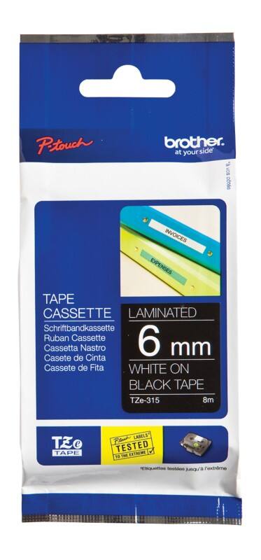 Rouleau d’étiquettes Brother TZe-315 d’origine en continu Autocollantes Blanc sur noir 6 mm x 8 m