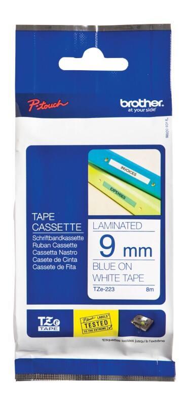 Étiquettes Brother TZe-223 d’origine en continu Autocollantes Bleu sur blanc 9 mm x 8 m