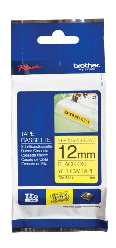 Rouleau d’étiquettes Brother TZe-S631 d’origine Autocollantes Noir sur jaune 12 mm x 8 m