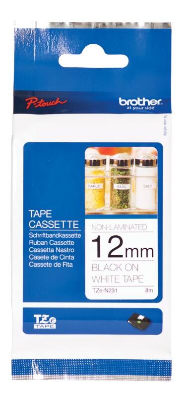 Rouleau d’étiquettes Brother TZe-N231 d’origine Autocollantes Noir sur argenté 12 mm x 8 m