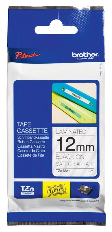 Rouleau d’étiquettes Brother TZe-M31 d’origine en continu Autocollantes Noir sur transparent 12 mm x 8 m