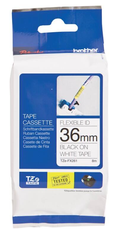 Rouleau d’étiquettes Brother TZe-FX261 d’origine Autocollantes, flexibles Noir sur blanc 36 mm x 8 m
