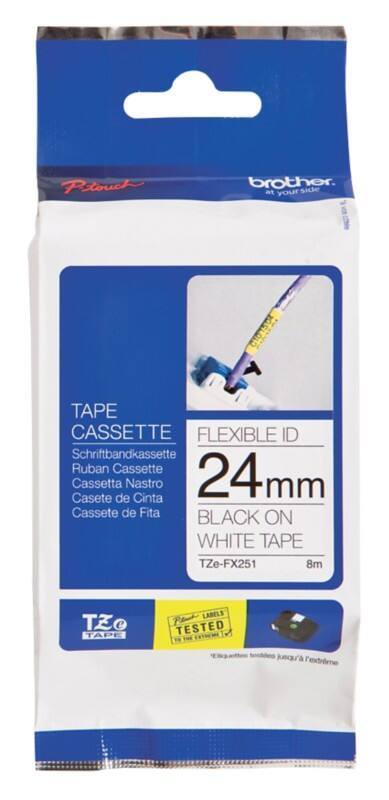 Rouleau d’étiquettes Brother TZe-FX251 d’origine Autocollantes, flexibles Noir sur blanc 24 mm x 8 m