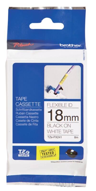 Rouleau d’étiquettes Brother TZe-FX241 d’origine Autocollantes, flexibles Noir sur blanc 18 mm x 8 m