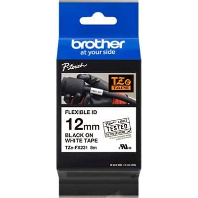 Rouleau d’étiquettes Brother TZe-FX231 d’origine Autocollantes, flexibles Noir sur blanc 12 mm x 8 m