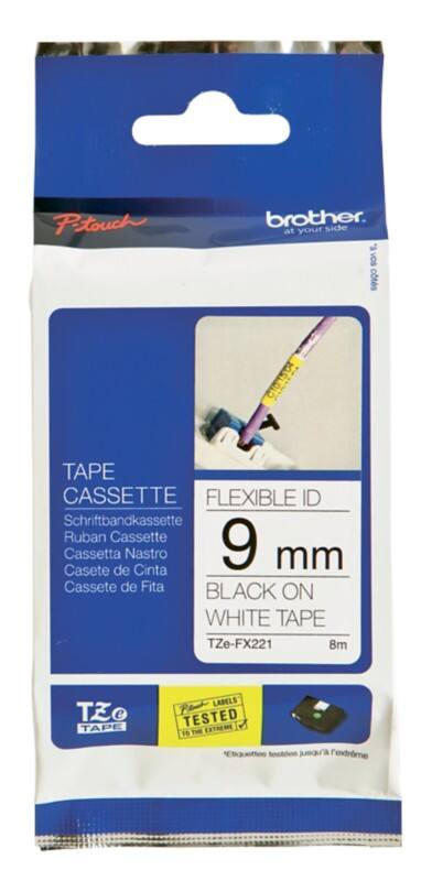 Rouleau d’étiquettes Brother TZe-FX221 d’origine Autocollantes, flexibles Noir sur blanc 9 mm x 8 m