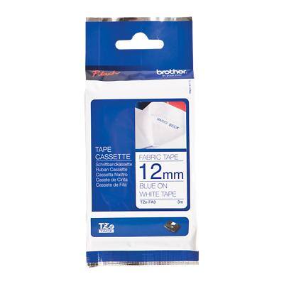 Rouleau d’étiquettes Brother TZe-FA3 d’origine en tissu Autocollantes Bleu sur blanc 12 mm x 8 m