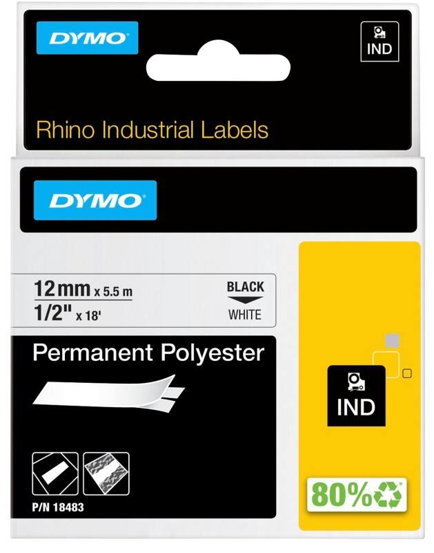 Ruban d’étiquettes IND Dymo S0718210 / 18483 Rhino d’origine, polyester Autocollant Noir sur blanc 12 mm x 5,5 m