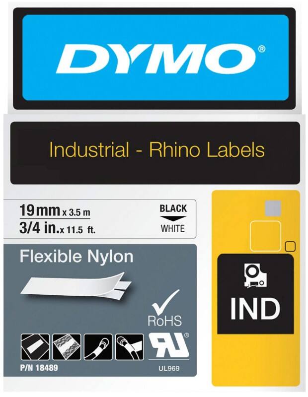 Ruban d’étiquettes IND Dymo S0718120 / 18489 Rhino d’origine, flexible, nylon Autocollant Noir sur blanc 19 mm x 3,5 m
