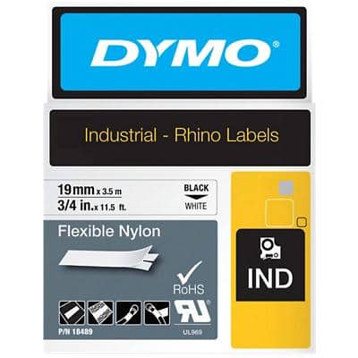 Ruban d’étiquettes IND Dymo S0718120 / 18489 Rhino d’origine, flexible, nylon Autocollant Noir sur blanc 19 mm x 3,5 m