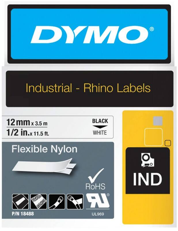 Ruban d’étiquettes IND Dymo S0718100 / 18488 Rhino d’origine, flexible, nylon Autocollant Noir sur blanc 12 mm x 3,5 m