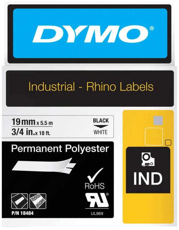 Ruban d’étiquettes Dymo IND S0718220 / 18484 Rhino d’origine, polyester Autocollant Noir sur blanc 19 mm x 5,5 m