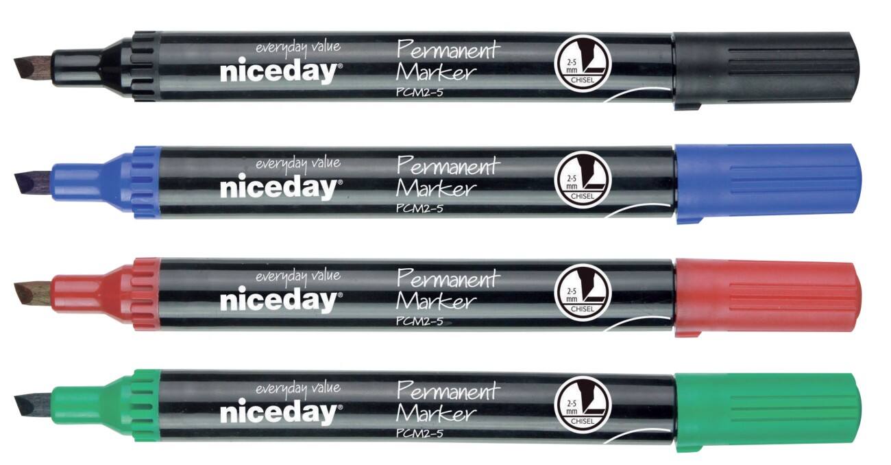 Marqueur permanent Niceday PCM2-5 Large Pointe Biseautée Noir, Bleu, Rouge, Vert 4 Unités