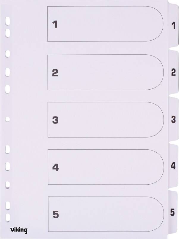 Intercalaires numériques Mylar 1 à 5 Viking A4 Blanc 5 intercalaires Carton 11 Perforations