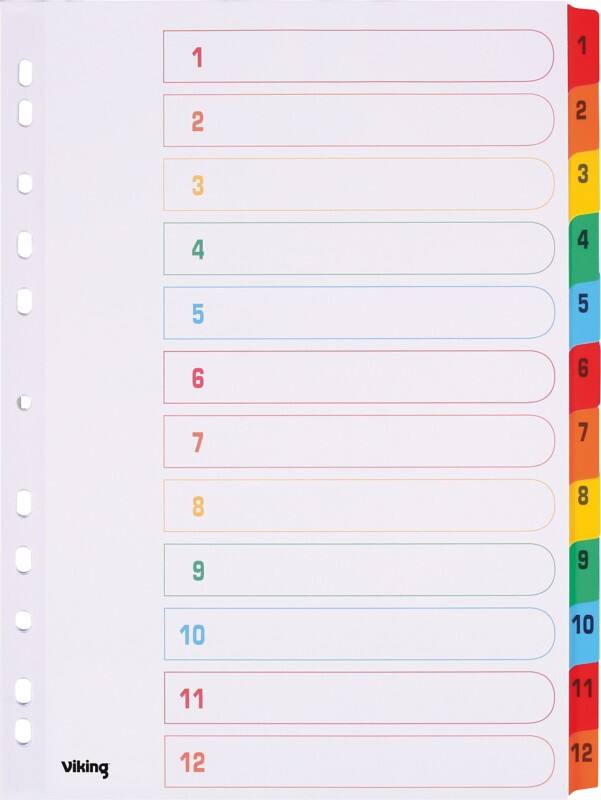Intercalaires numériques Mylar 1 à 12 Viking A4 Assortiment 12 intercalaires Carton 11 Perforations