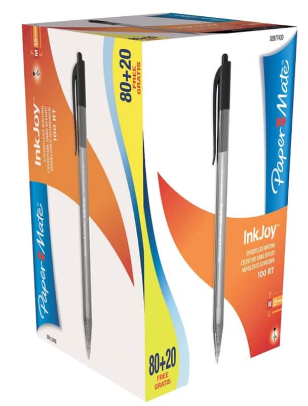 Stylo-bille Papermate InkJoy Rétractable Noir 0,3 mm Moyen Bille 100 Unités
