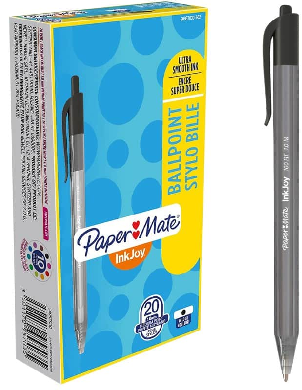 Stylo-bille Papermate InkJoy 100 RT Rétractable Noir 0,8 mm Moyen Bille 20 Unités