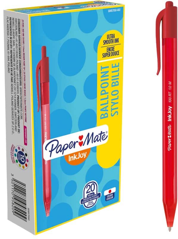 Stylo-bille Papermate InkJoy 100 RT Rétractable Rouge 0,8 mm Moyen Bille 20 Unités