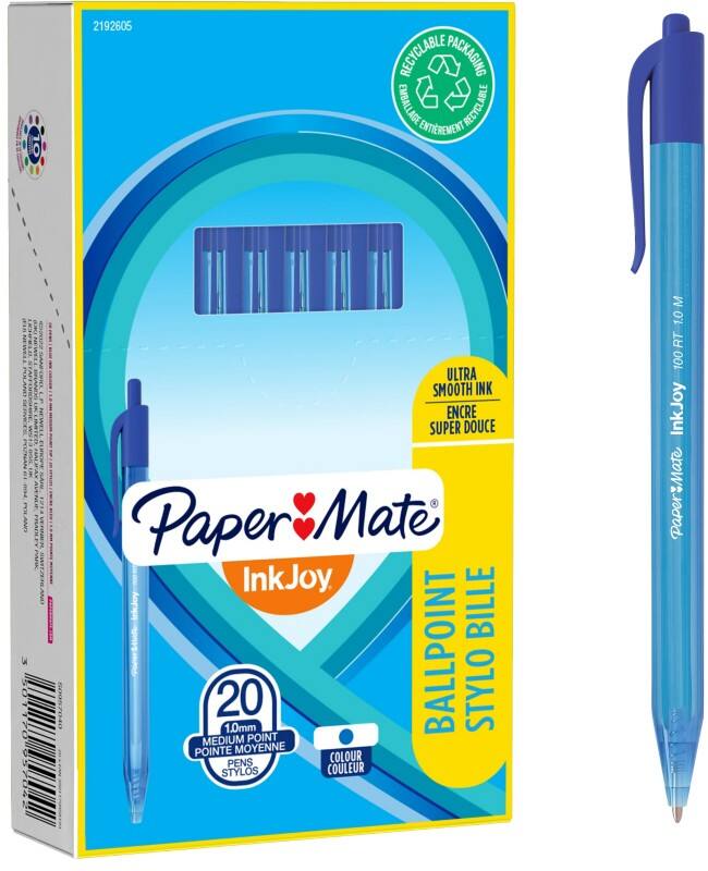 Stylo-bille Papermate InkJoy 100 RT Rétractable Bleu 0,8 mm Moyen Bille 20 Unités