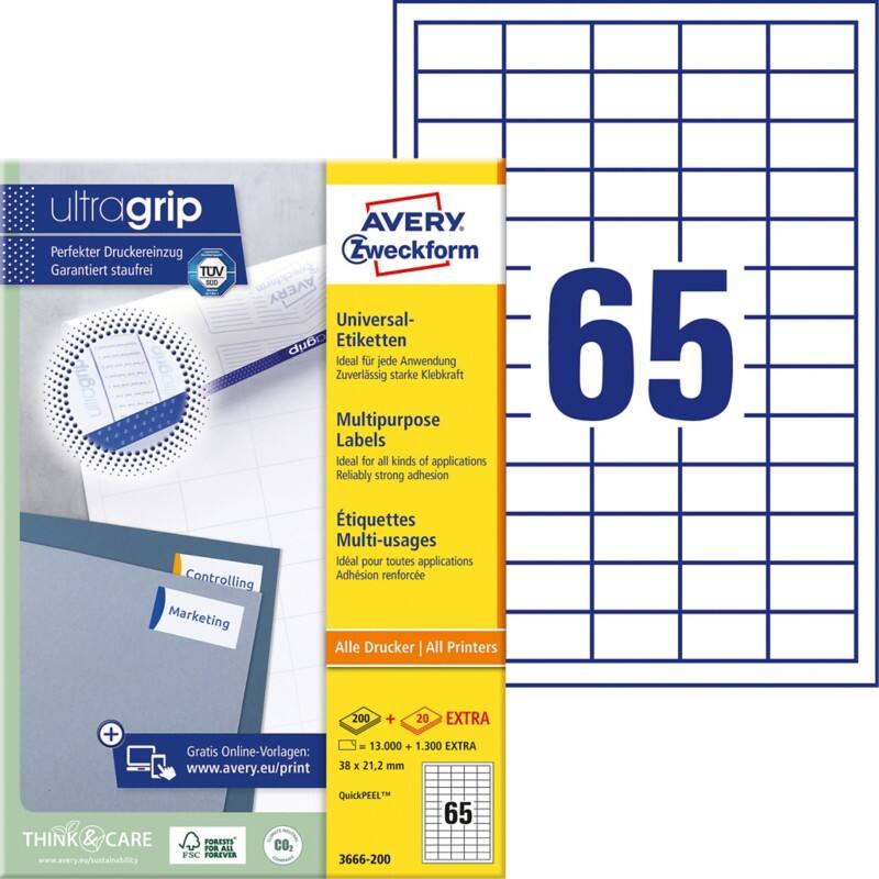 Étiquettes universelles Avery 3666 Adhésif A4 Blanc 38 x 21.2 mm 200 Feuilles de 65 Étiquettes