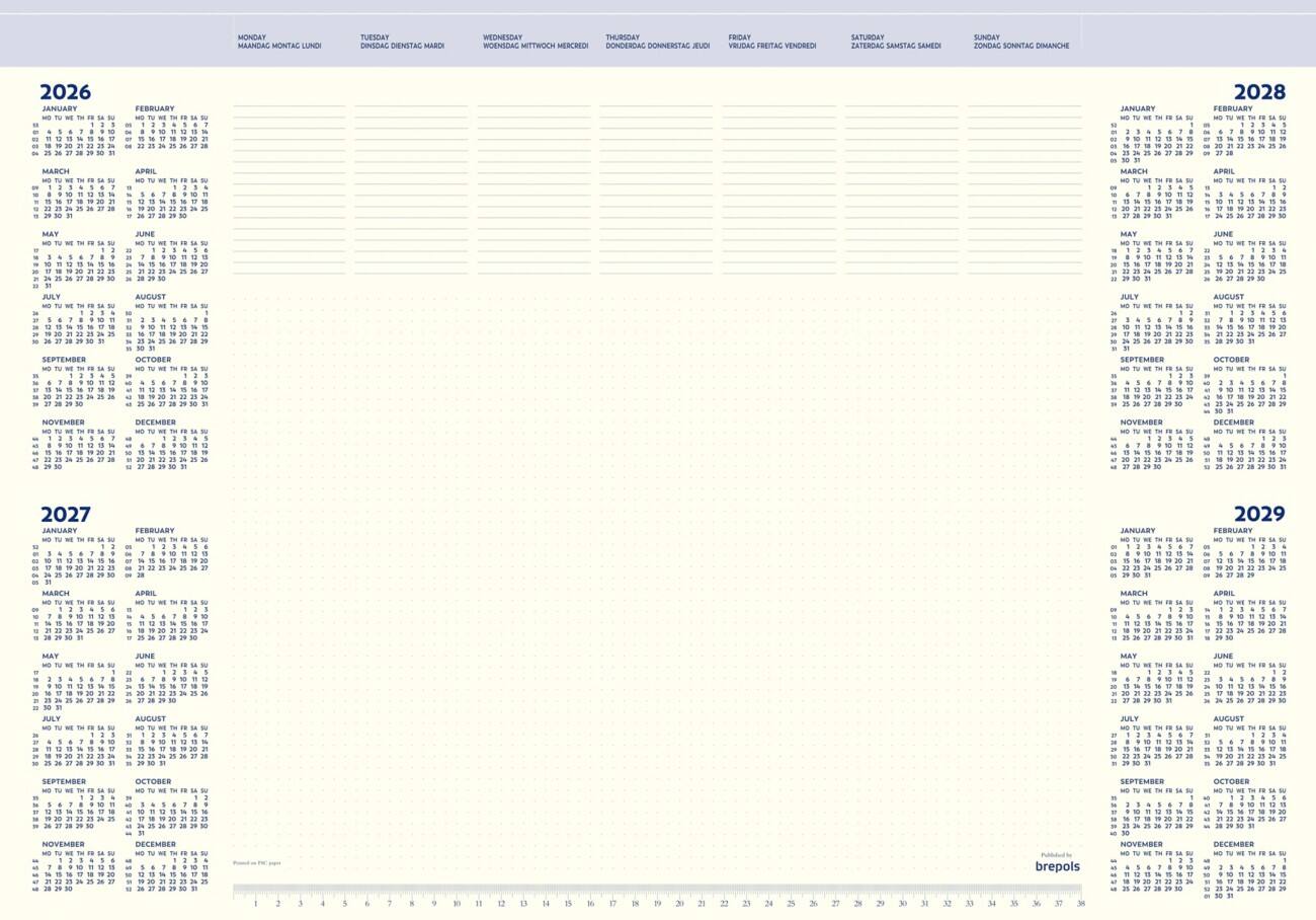 Sous-main Brepols 2026, 2027, 2028, 2029 1 An par page Allemand, Anglais, Français, Néerlandais 5 (L) x 59 (P) x 41,2 (H) cm Crème 50 Feuilles
