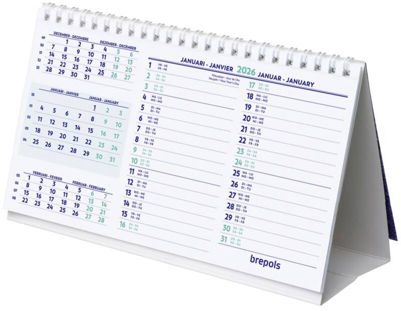 Calendrier de bureau Brepols Table Top Calendar 2026 3 Mois par page Allemand, Français, Anglais, Néerlandais 12,5 (L) x 0,3 (P) x 21 (H) cm Blanc