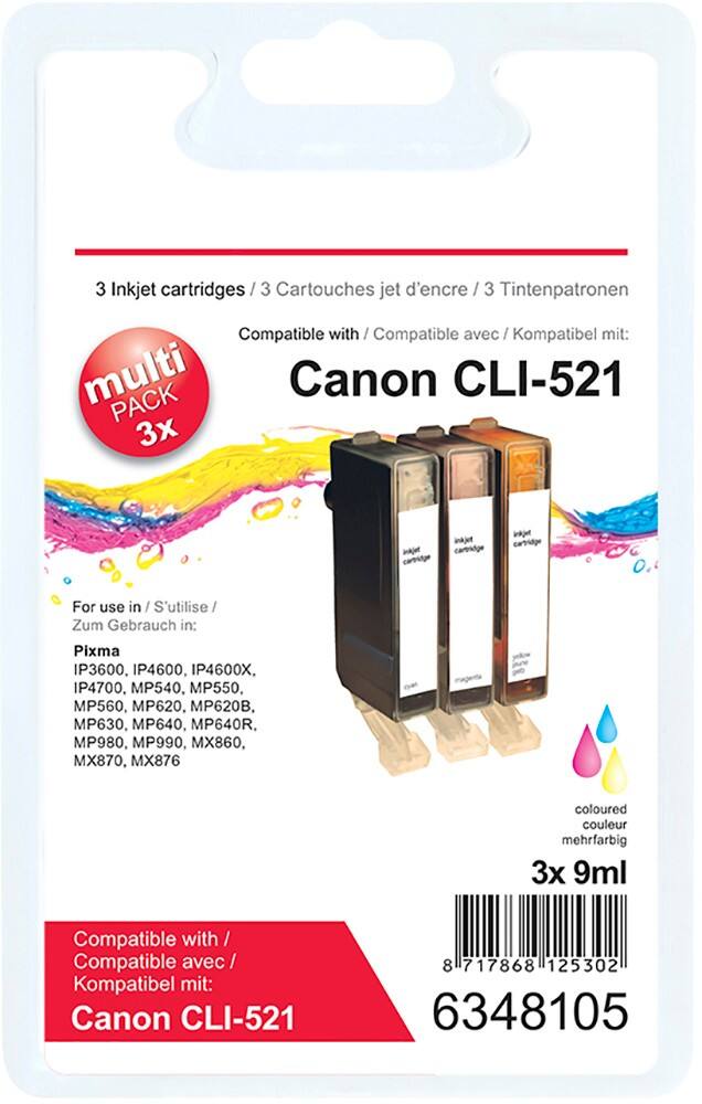 Cartouche jet d'encre Office Depot Compatible Canon CLI-521C/M/Y 3 Couleurs 3 Unités