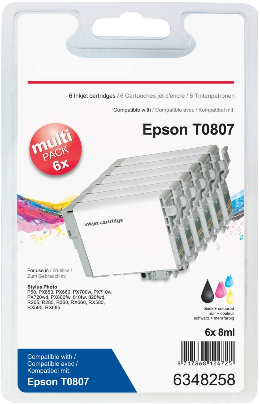 Cartouche jet d'encre Office Depot Compatible Epson T0807 Noir et 5 Couleurs C13T08074510 6 Unités