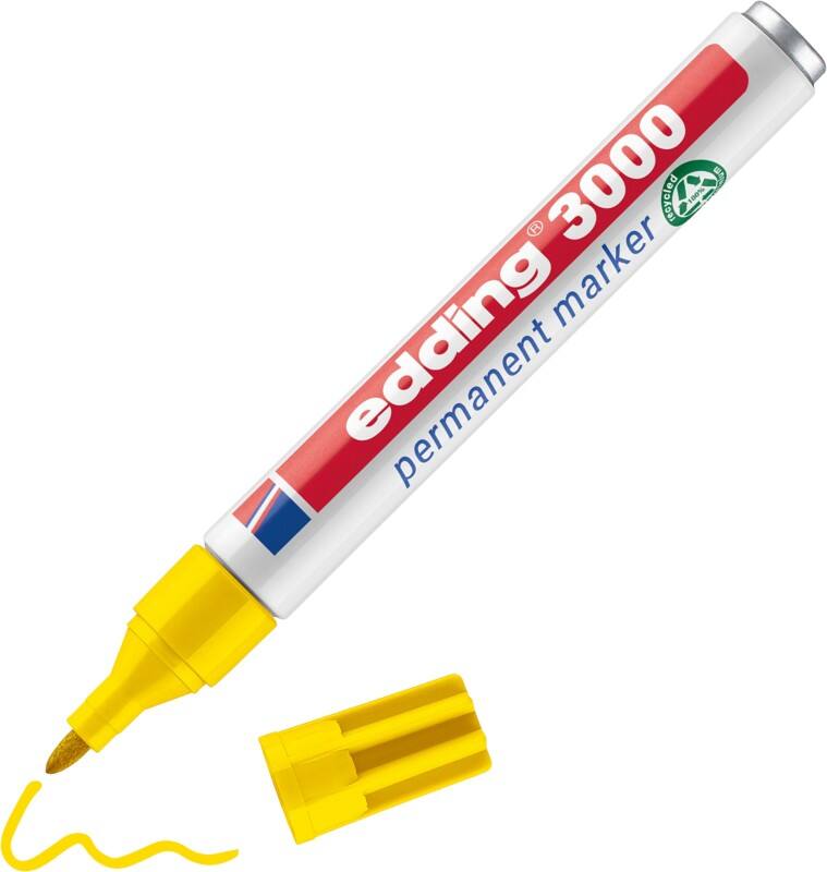 Marqueur permanent edding 3000 100% Recyclé Moyen Ogive 1,5 - 3 mm Jaune Rechargeable Résistant à l'eau