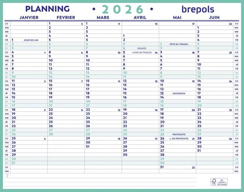 Planning annuel Brepols Maxi Planning FR 2026 6 Mois par page Français 33 (L) x 0,3 (P) x 42 (H) cm Blanc