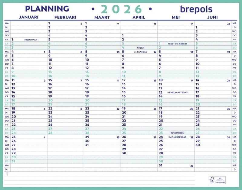 Calendrier mural Brepols Maxi Planning NL 2026 6 Mois par page Néerlandais 33 (L) x 0,3 (P) x 42 (H) cm Blanc