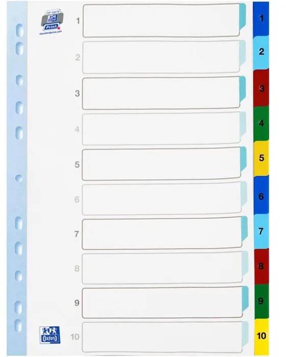 Intercalaires alphabétiques 1 à 10 OXFORD A4 Blanc 10 intercalaires Carton 11 Perforations 400013907