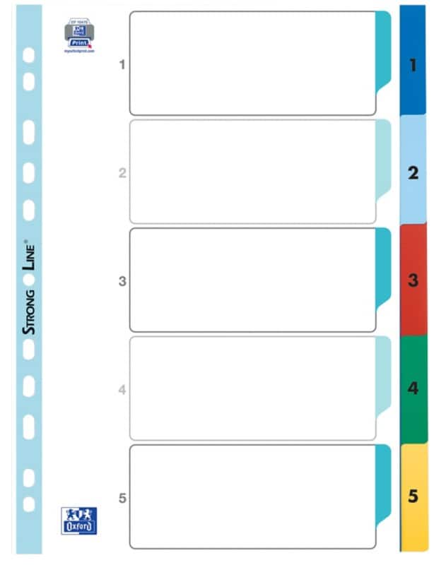Intercalaires numériques 1 à 5 OXFORD A4 Blanc 5 intercalaires Carton 11 Perforations 400013947