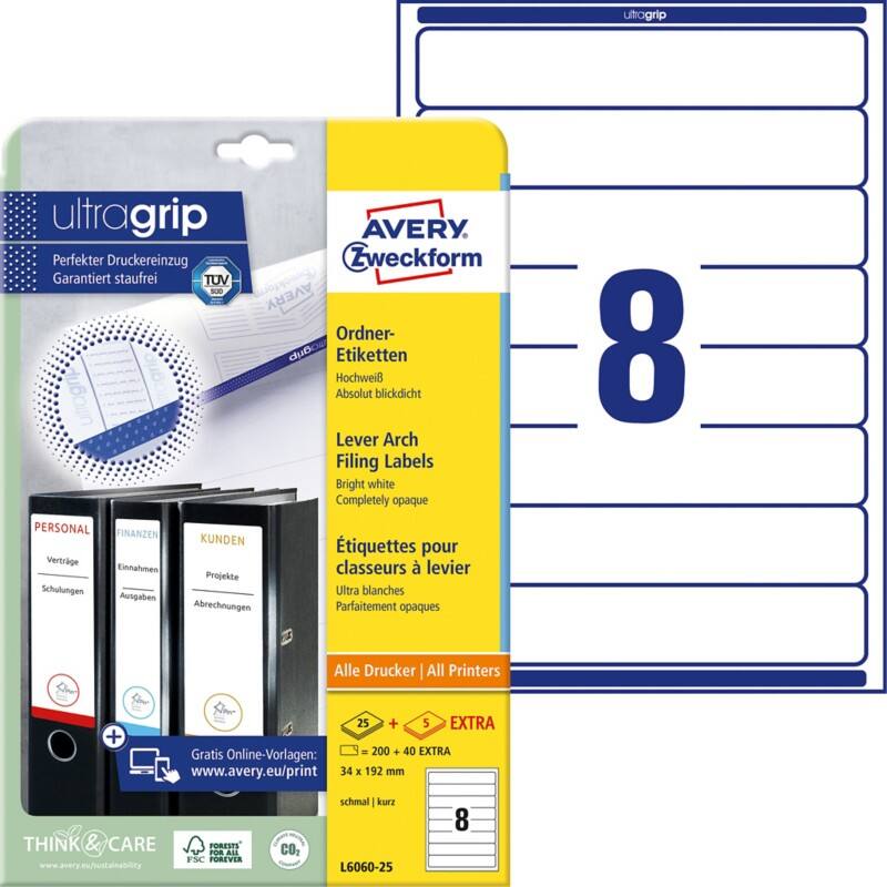 Étiquettes pour dos de classeur Avery L6060-25 Ultragrip Blanc A4 34 mm 30 Feuilles de 8 Étiquettes