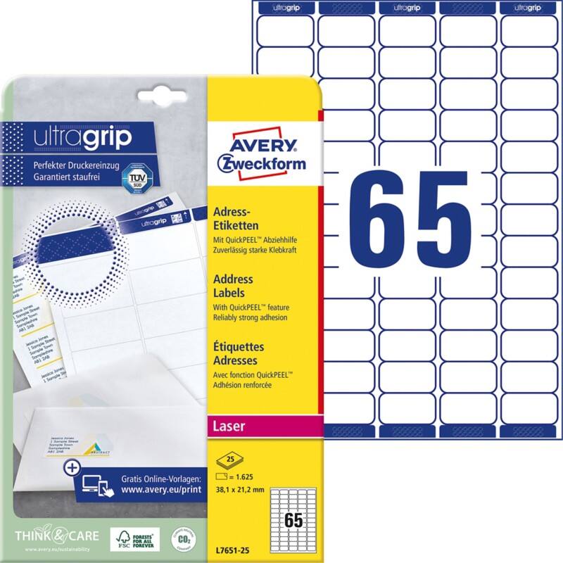 Étiquettes d'adresse Ultragrip Avery L7651-25 Adhésif A4 Blanc 38.1 x 21.2 mm 25 Feuilles de 65 Étiquettes