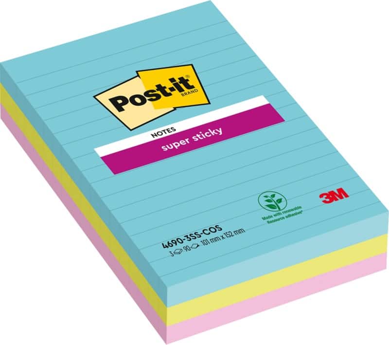 Notes Super Sticky Post-it Miami 101 x 152 mm Assortiment Rectangulaire Ligné 3 Blocs de 90 Feuilles