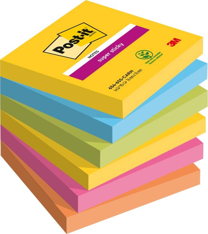 Notes Super Sticky Post-it Carnival 76 x 76 mm Assortiment Carré 6 Blocs de 90 Feuilles