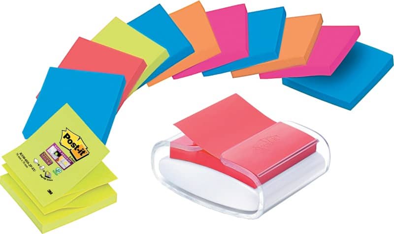 Notes adhésives + dévidoir Post-it Super Sticky Pro Blanc avec Z-Notes 76 x 76 mm Assortiment 12 Blocs de 90 Feuilles