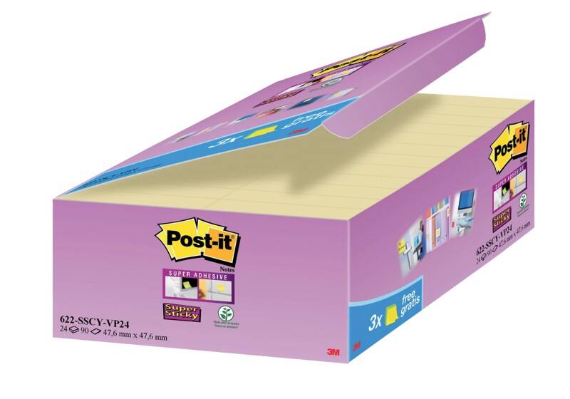 Notes Super Sticky Post-it 47,6 mm x 47,6 mm Jaune canari 90 Feuilles Pack économique 21 blocs + 3 GRATUITS