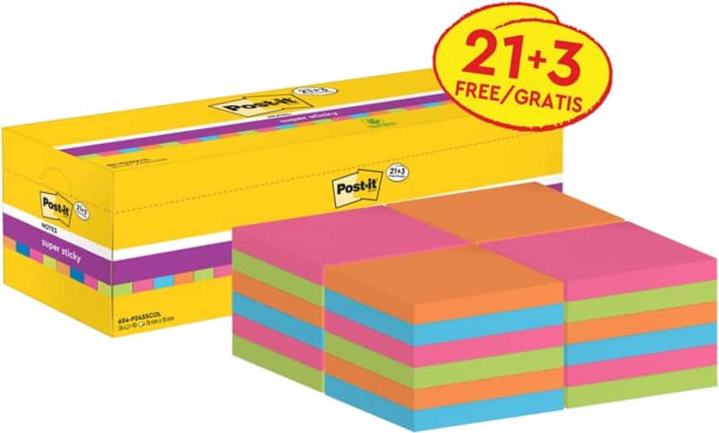 Notes Super Sticky Post-it 76 x 76 mm Assortiment 90 Feuilles Pack économique 21 blocs + 3 GRATUITS