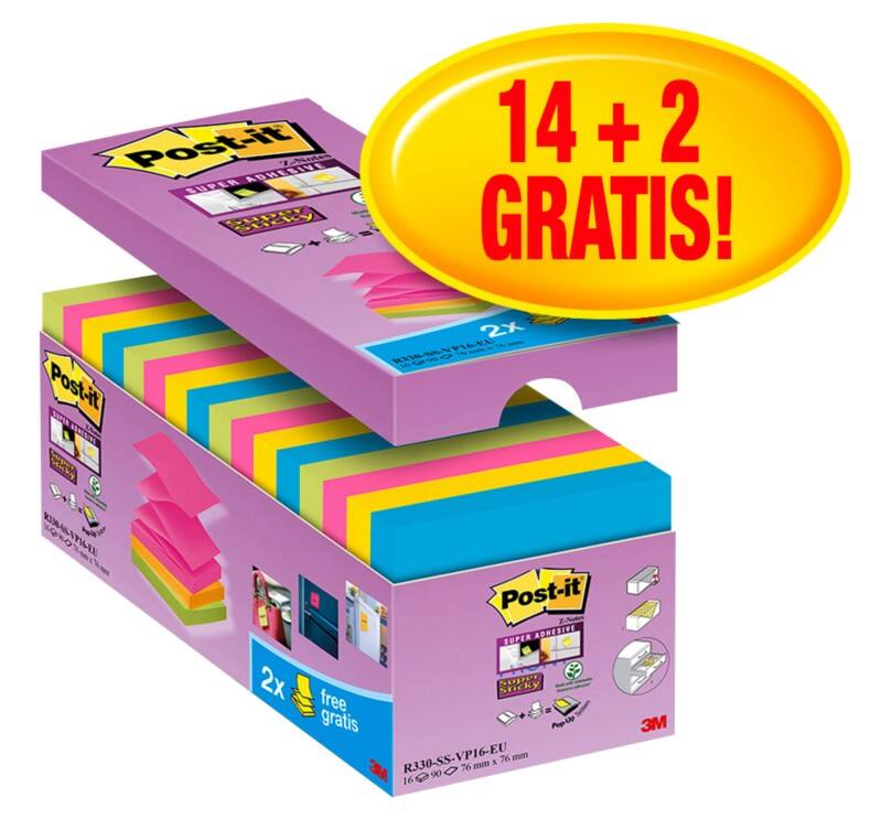 Z-Notes Super Sticky Post-it 76mm x 76mm Assortiment 90 Feuilles Pack économique 14 blocs + 2 GRATUITS