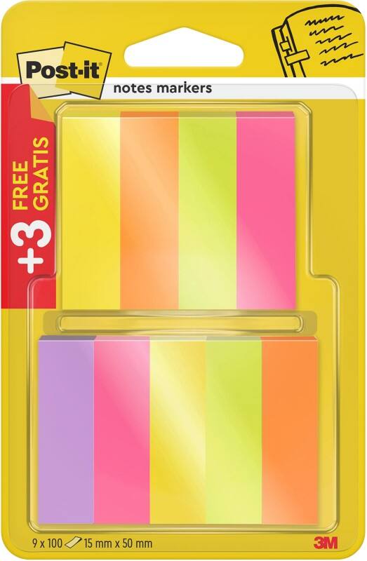 Index Post-it Assortiment 15 x 50 mm 100 bandes Format économique 6 + 3 gratuits