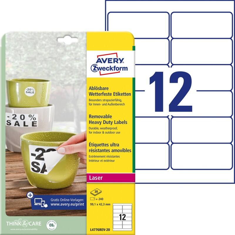 Étiquettes adhésives Avery L4776REV-20 A4 Blanc 99,1 x 42,3 mm 20 Feuilles de 12 Étiquettes